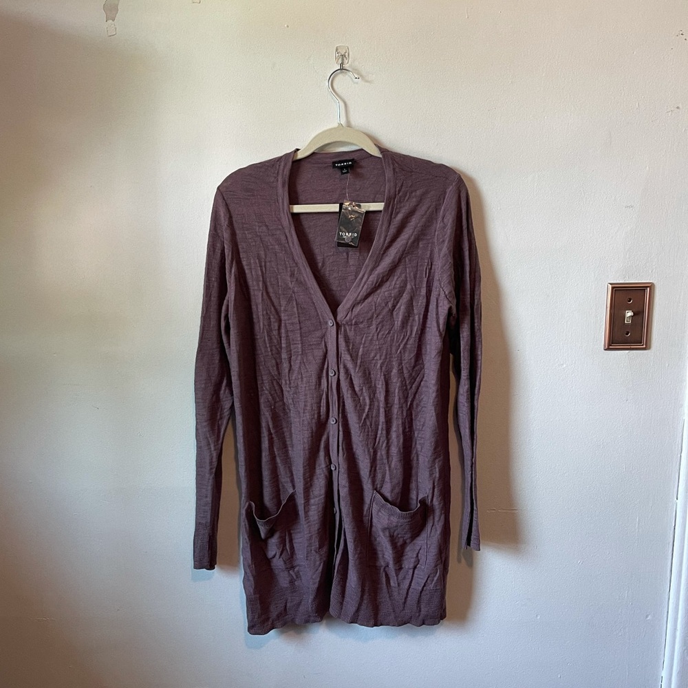 Purple Button up Boyfriend Cardigan with Pockets